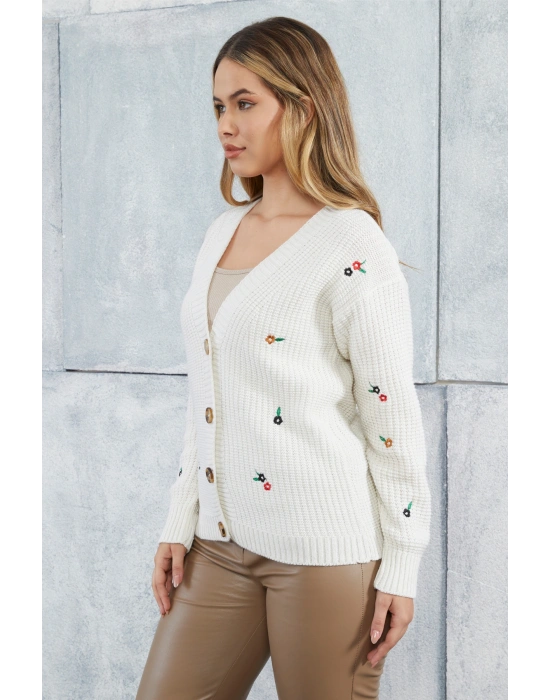 Lugmo Kadın Triko Hırka Çiçek Standart Beden Ekru