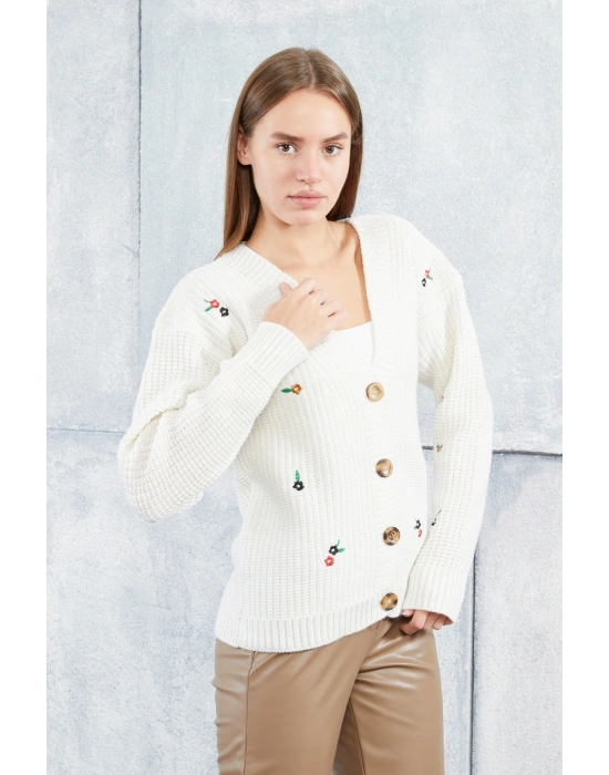 Lugmo Kadın Triko Hırka Çiçek Standart Beden Ekru