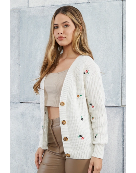 Lugmo Kadın Triko Hırka Çiçek Standart Beden Ekru