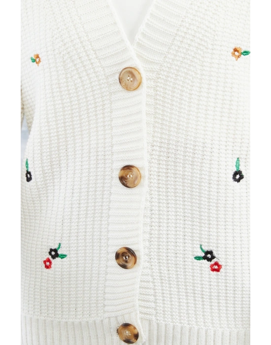 Lugmo Kadın Triko Hırka Çiçek Standart Beden Ekru