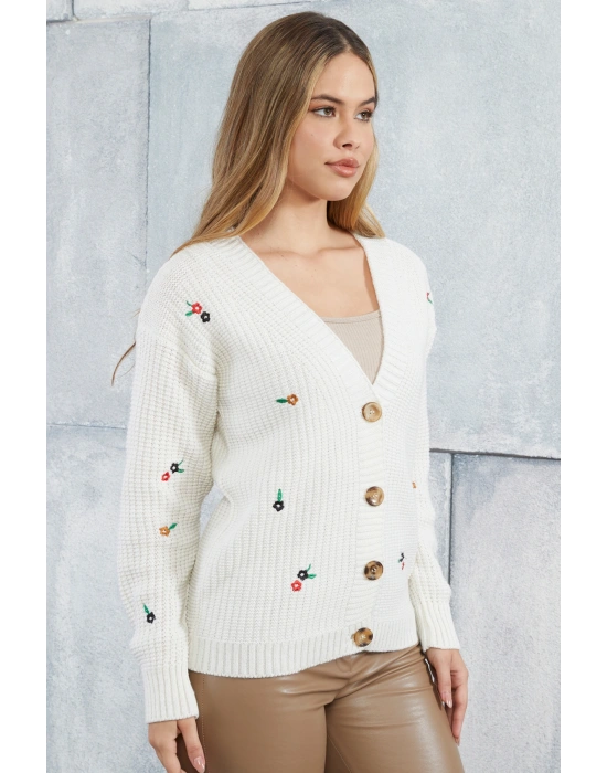 Lugmo Kadın Triko Hırka Çiçek Standart Beden Ekru