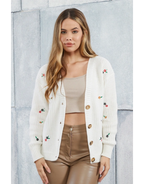 Lugmo Kadın Triko Hırka Çiçek Standart Beden Ekru