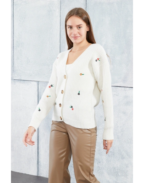Lugmo Kadın Triko Hırka Çiçek Standart Beden Ekru