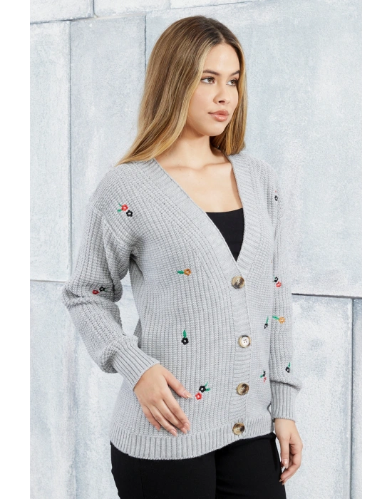 Lugmo Kadın Triko Hırka Çiçek Standart Beden Gri