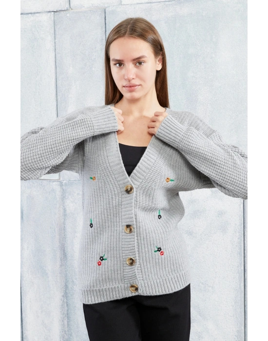 Lugmo Kadın Triko Hırka Çiçek Standart Beden Gri