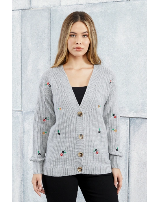 Lugmo Kadın Triko Hırka Çiçek Standart Beden Gri