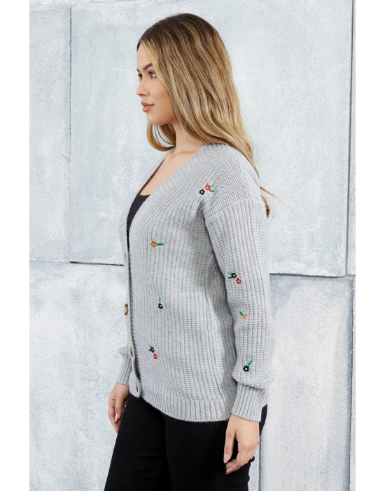 Lugmo Kadın Triko Hırka Çiçek Standart Beden Gri