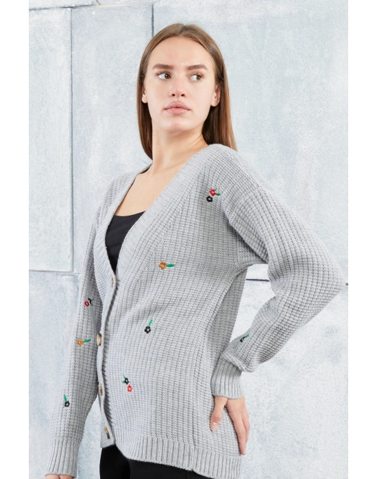 Lugmo Kadın Triko Hırka Çiçek Standart Beden Gri