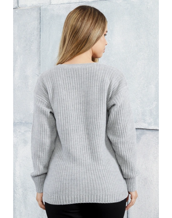 Lugmo Kadın Triko Hırka Çiçek Standart Beden Gri