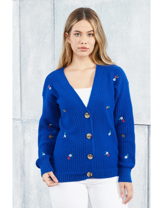 Lugmo Kadın Triko Hırka Çiçek Standart Beden Saks