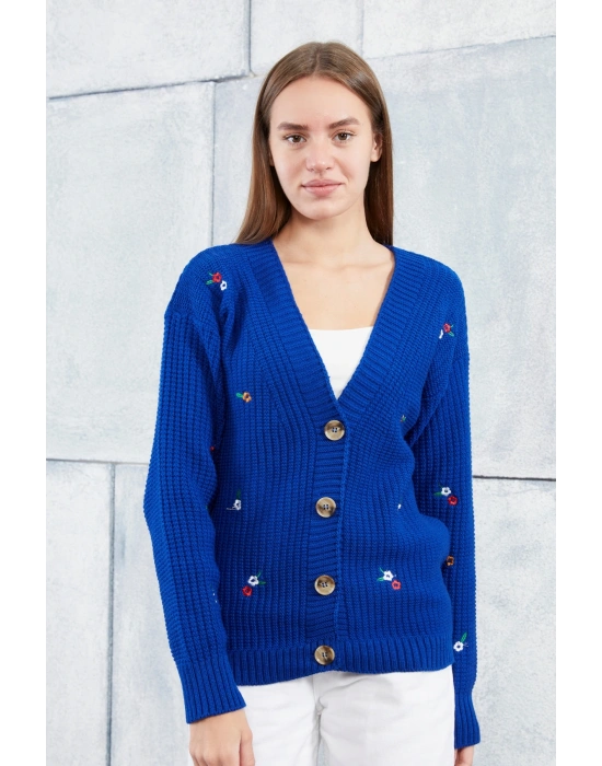 Lugmo Kadın Triko Hırka Çiçek Standart Beden Saks