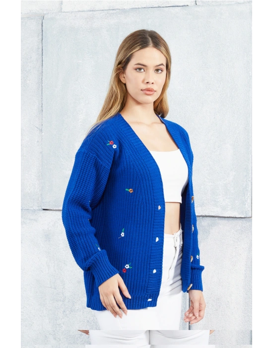 Lugmo Kadın Triko Hırka Çiçek Standart Beden Saks