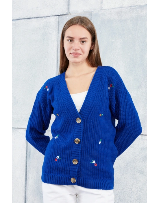 Lugmo Kadın Triko Hırka Çiçek Standart Beden Saks