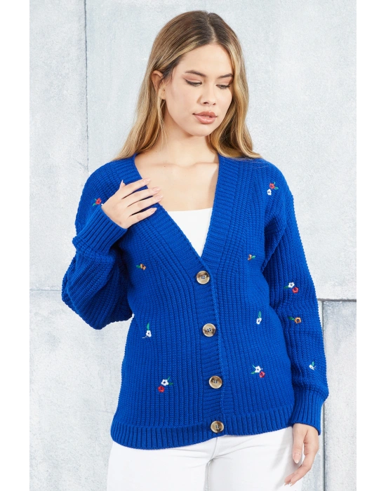 Lugmo Kadın Triko Hırka Çiçek Standart Beden Saks