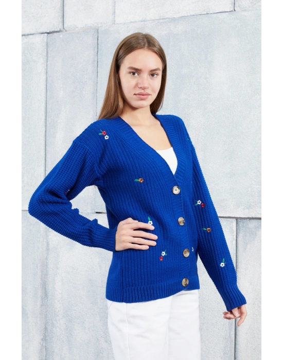 Lugmo Kadın Triko Hırka Çiçek Standart Beden Saks