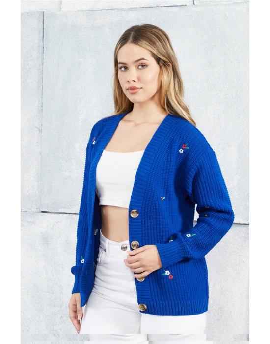 Lugmo Kadın Triko Hırka Çiçek Standart Beden Saks