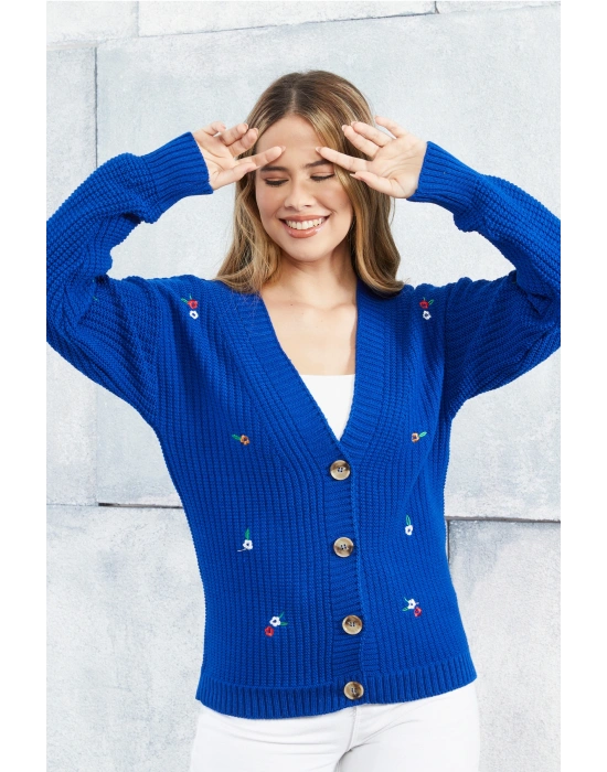 Lugmo Kadın Triko Hırka Çiçek Standart Beden Saks