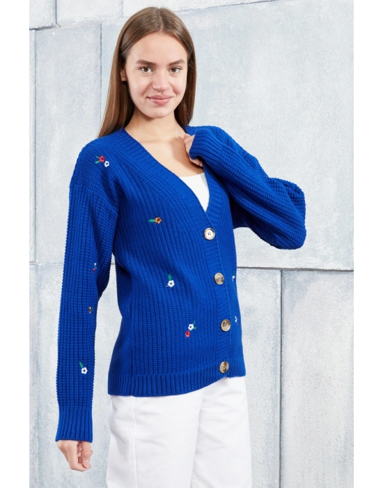 Lugmo Kadın Triko Hırka Çiçek Standart Beden Saks