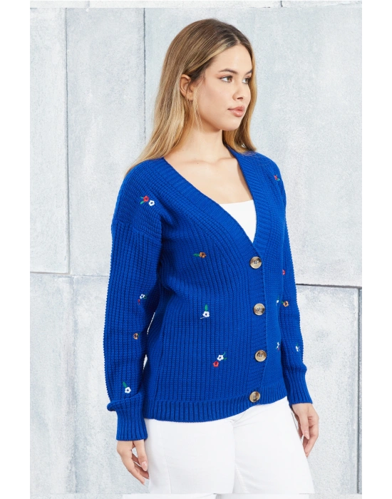 Lugmo Kadın Triko Hırka Çiçek Standart Beden Saks