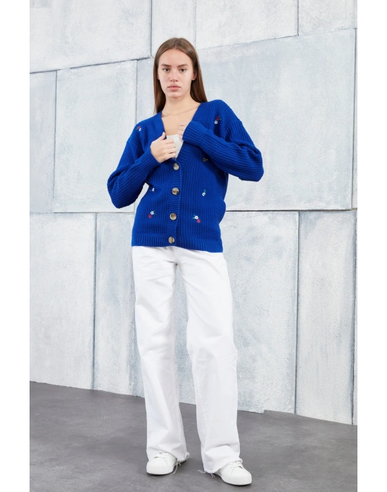 Lugmo Kadın Triko Hırka Çiçek Standart Beden Saks