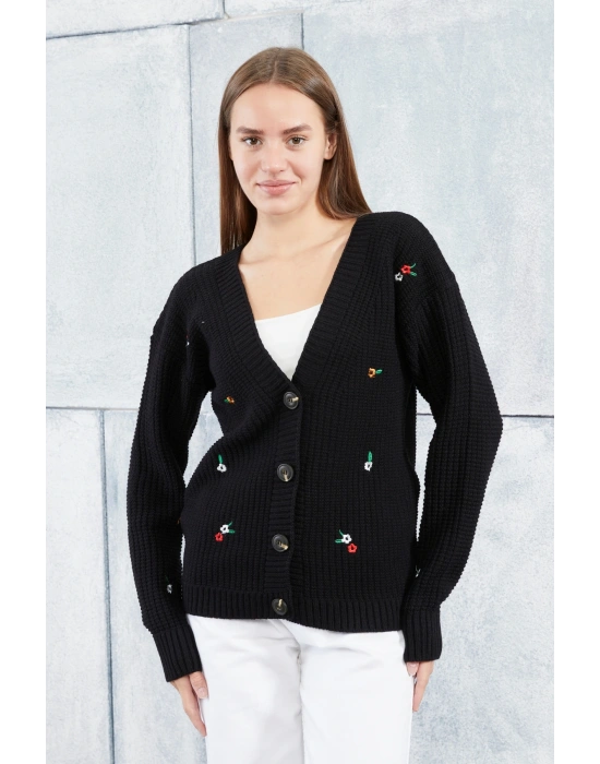 Lugmo Kadın Triko Hırka Çiçek Standart Beden Siyah