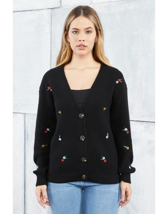 Lugmo Kadın Triko Hırka Çiçek Standart Beden Siyah