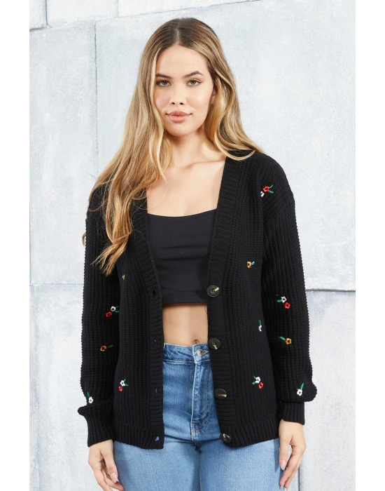 Lugmo Kadın Triko Hırka Çiçek Standart Beden Siyah