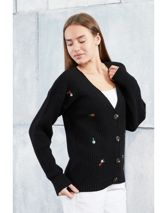 Lugmo Kadın Triko Hırka Çiçek Standart Beden Siyah