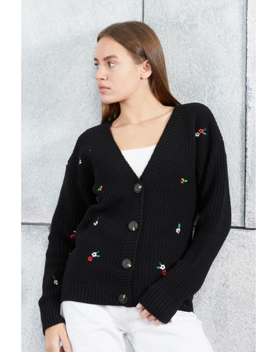 Lugmo Kadın Triko Hırka Çiçek Standart Beden Siyah