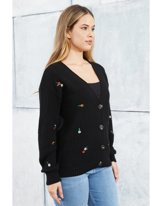 Lugmo Kadın Triko Hırka Çiçek Standart Beden Siyah