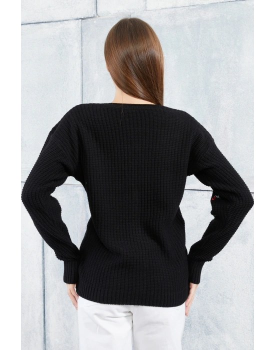 Lugmo Kadın Triko Hırka Çiçek Standart Beden Siyah