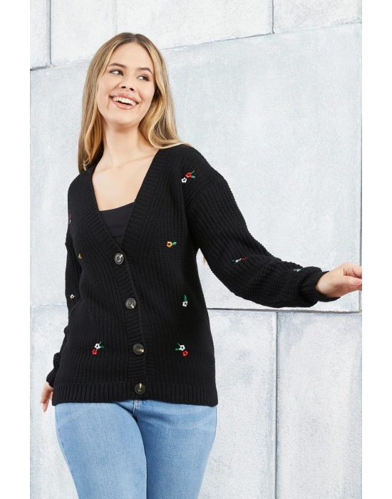 Lugmo Kadın Triko Hırka Çiçek Standart Beden Siyah