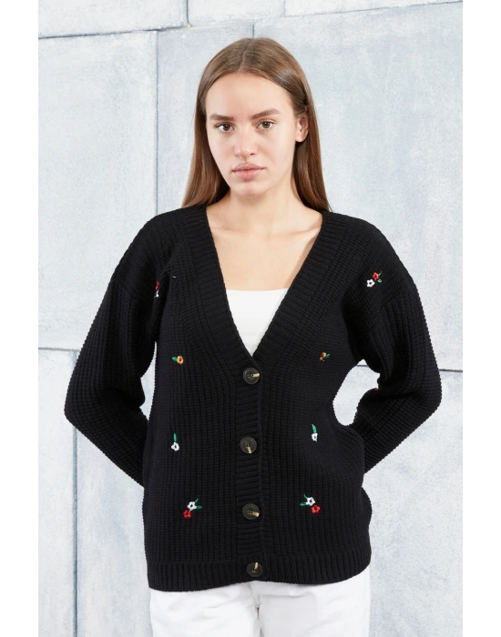 Lugmo Kadın Triko Hırka Çiçek Standart Beden Siyah