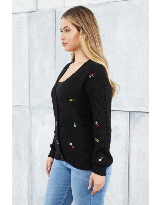 Lugmo Kadın Triko Hırka Çiçek Standart Beden Siyah