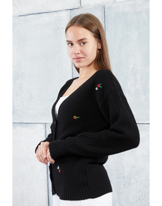 Lugmo Kadın Triko Hırka Çiçek Standart Beden Siyah