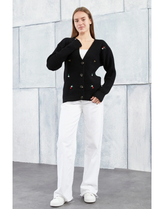 Lugmo Kadın Triko Hırka Çiçek Standart Beden Siyah