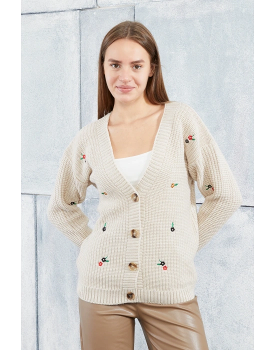 Lugmo Kadın Triko Hırka Çiçek Standart Beden Taş