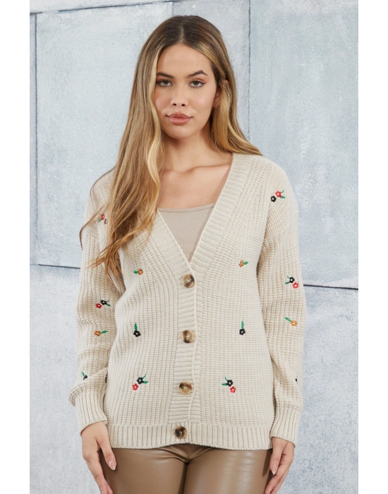 Lugmo Kadın Triko Hırka Çiçek Standart Beden Taş