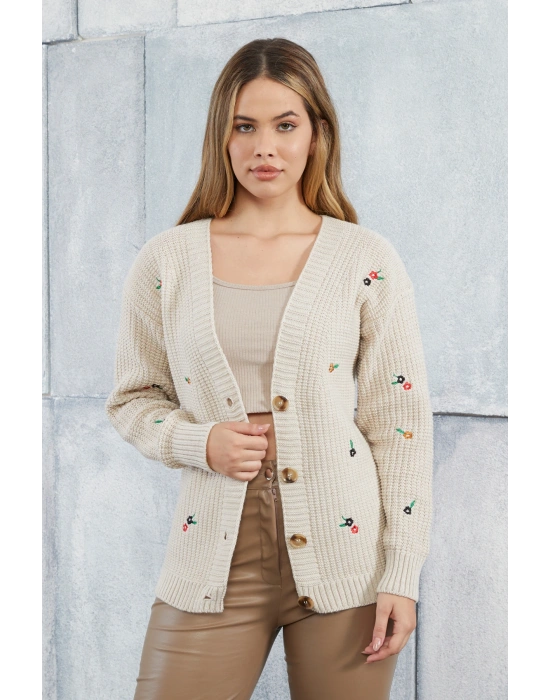 Lugmo Kadın Triko Hırka Çiçek Standart Beden Taş