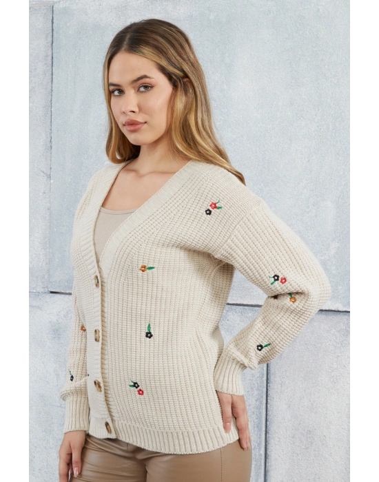 Lugmo Kadın Triko Hırka Çiçek Standart Beden Taş