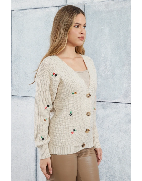 Lugmo Kadın Triko Hırka Çiçek Standart Beden Taş