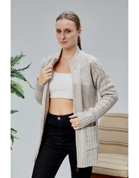 Lugmo Kadın Triko Hırka Fermuarlı Cepli Standart Beden Taş Rengi