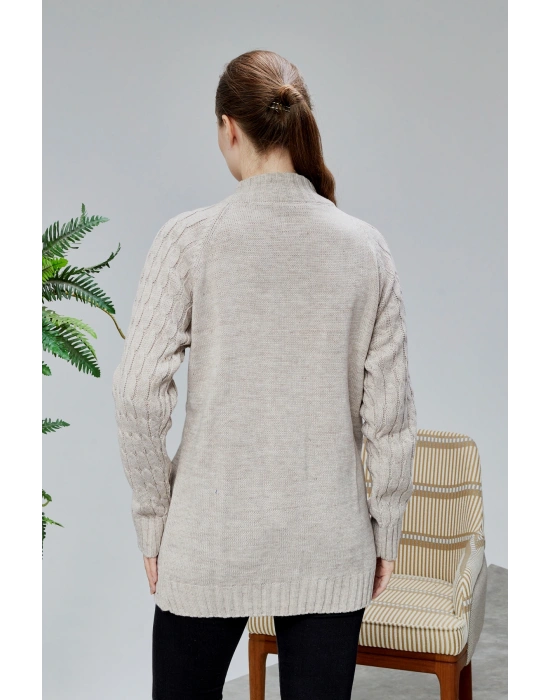 Lugmo Kadın Triko Hırka Fermuarlı Cepli Standart Beden Taş Rengi