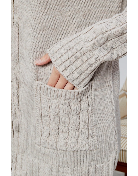 Lugmo Kadın Triko Hırka Fermuarlı Cepli Standart Beden Taş Rengi