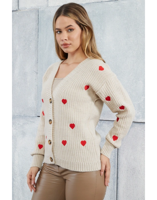 Lugmo Kadın Triko Hırka Kalp Nakışlı Standart Beden Taş