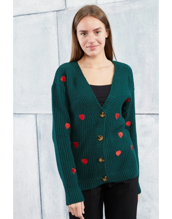 Lugmo Kadın Triko Hırka Kalp Nakışlı Standart Beden Zümrüt