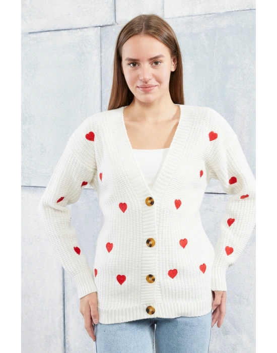 Lugmo Kadın Triko Hırka Kalpli Standart Beden Ekru