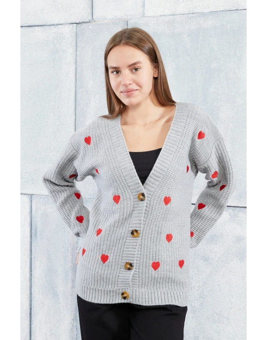 Lugmo Kadın Triko Hırka Kalpli Standart Beden Gri