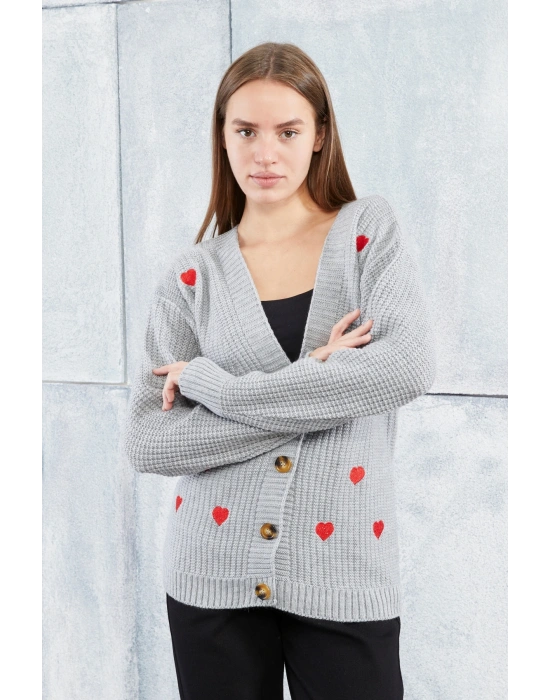 Lugmo Kadın Triko Hırka Kalpli Standart Beden Gri