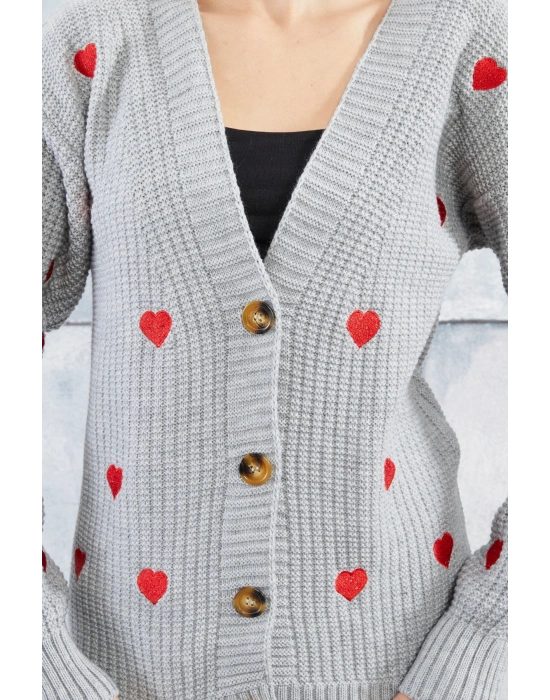 Lugmo Kadın Triko Hırka Kalpli Standart Beden Gri